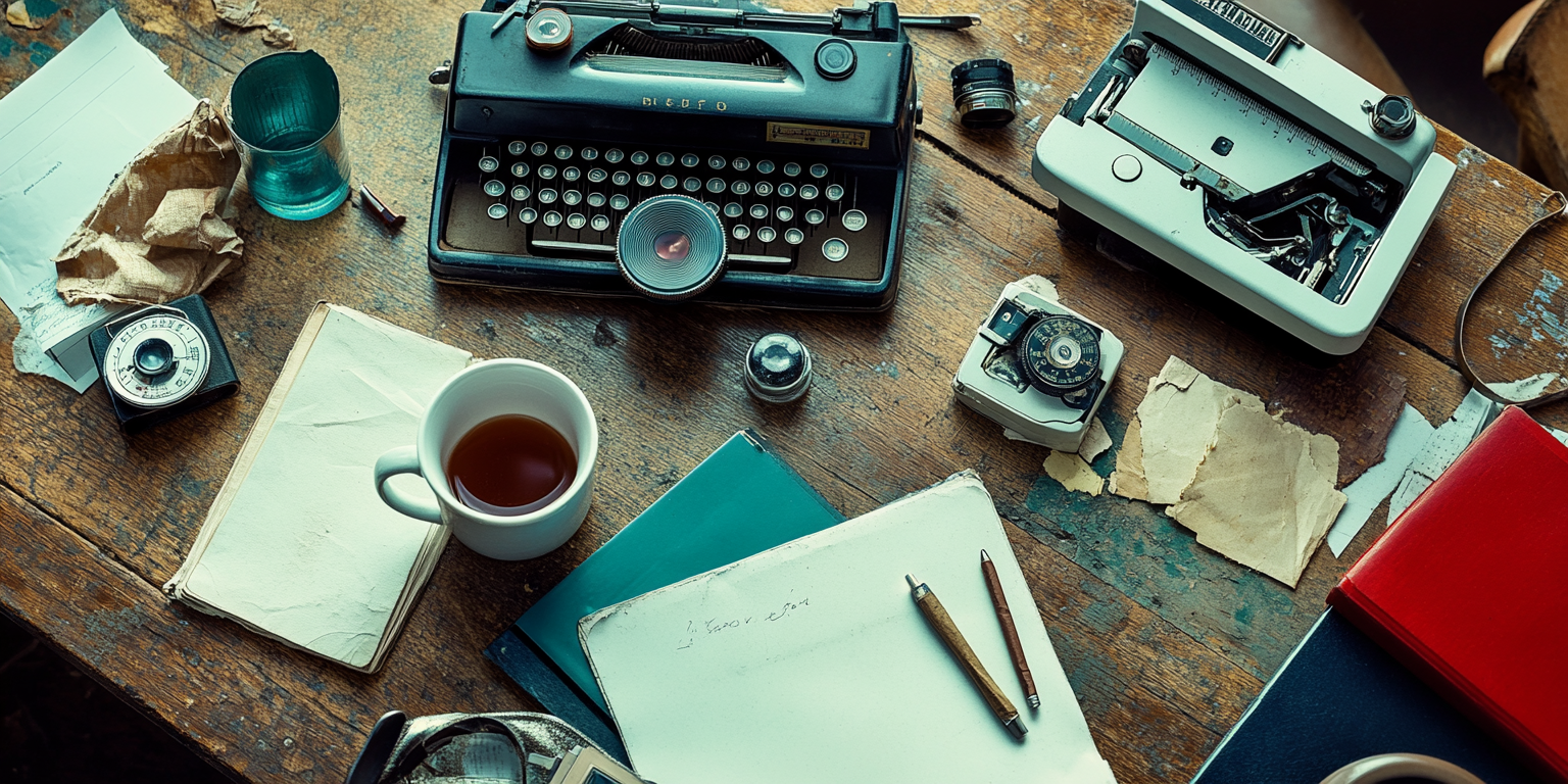 1970s Journalist Table with Coffee, Cigarettes, Typewriter 