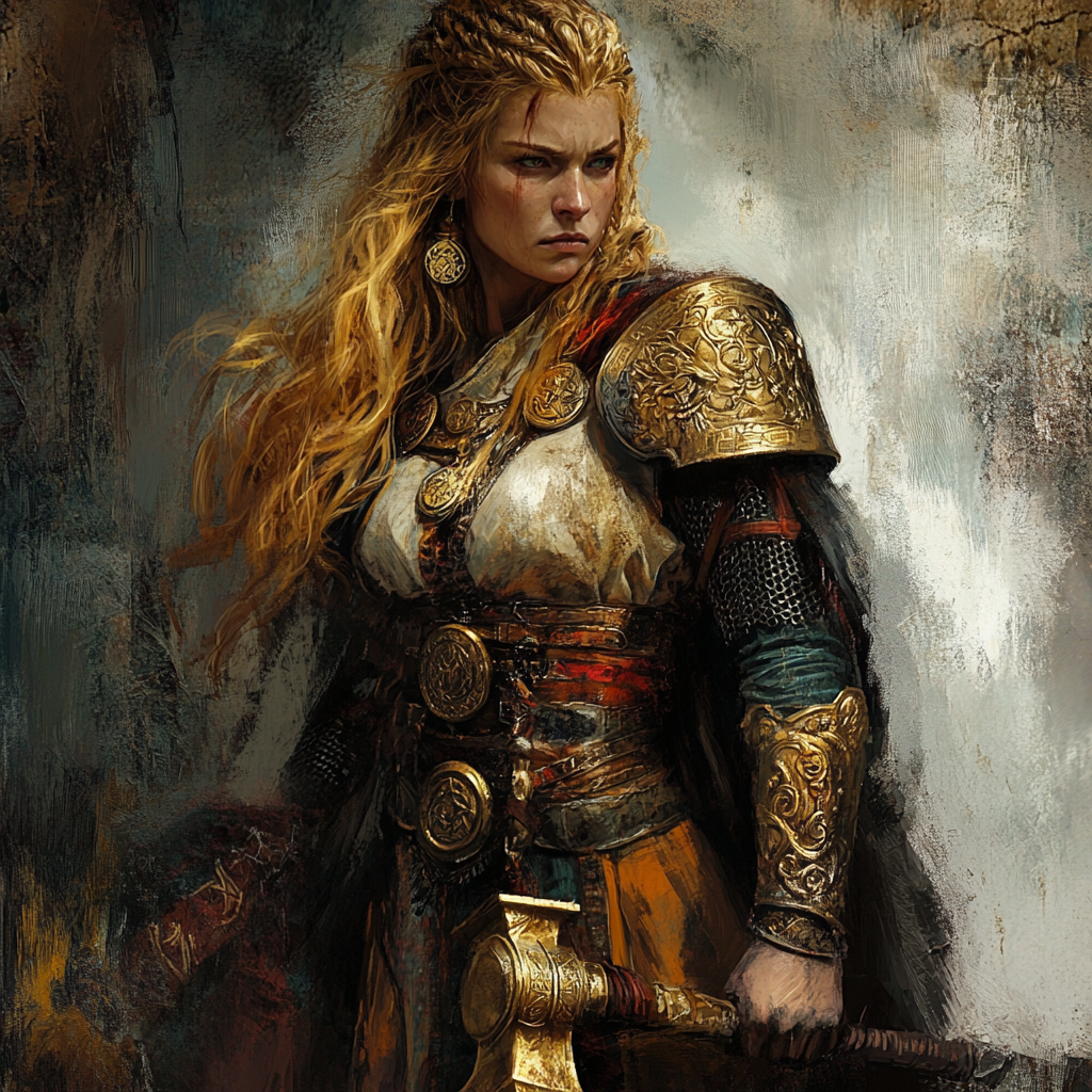 40-year-old female dwarf war cleric, worshipping Freya, holding warhammer