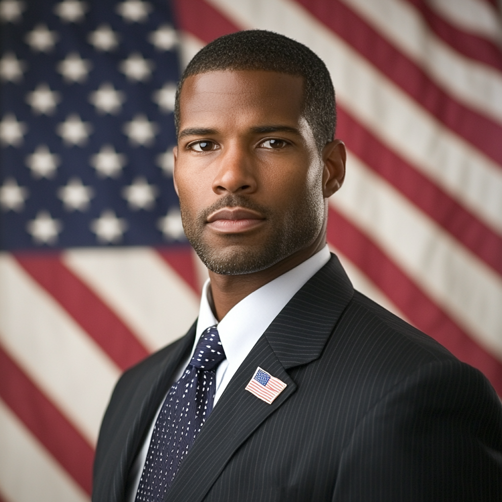 42-year-old American male Mayor with flag background, 2006 photo.