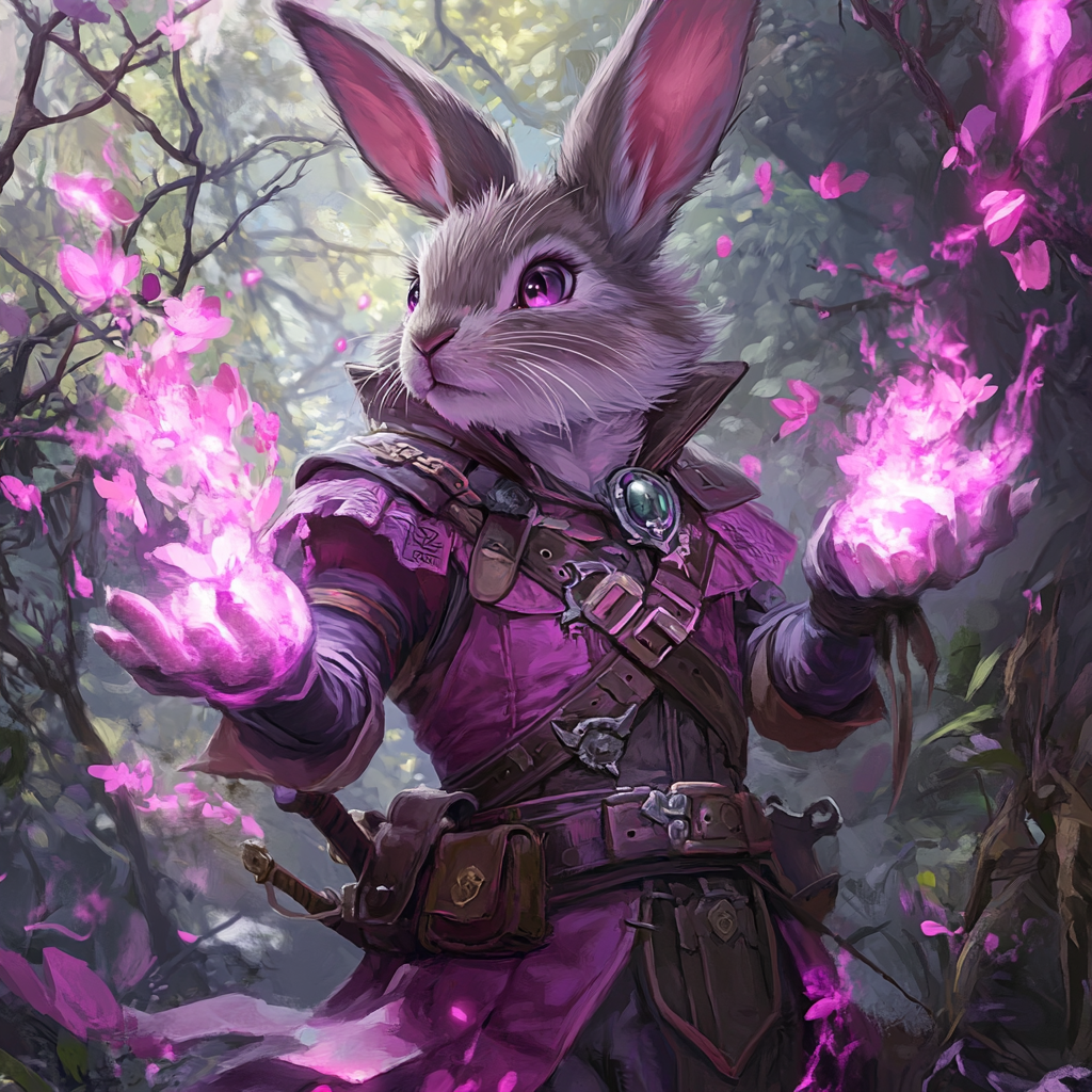 A rabbit girl casting pink blossom magic surrounded by brambles.