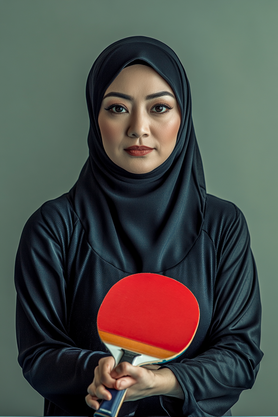 A serious Malay woman holding a table tennis racquet.