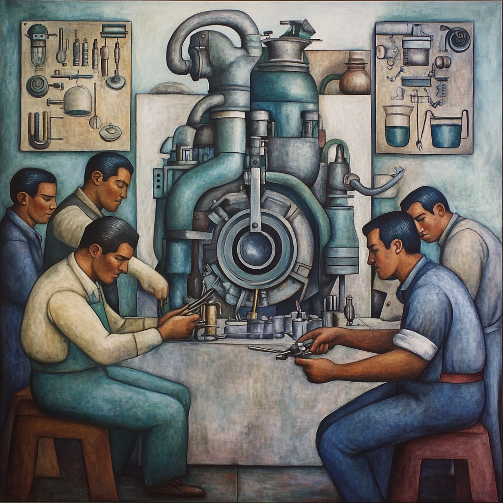 A themed painting by Diego Rivera featuring engineers at work.