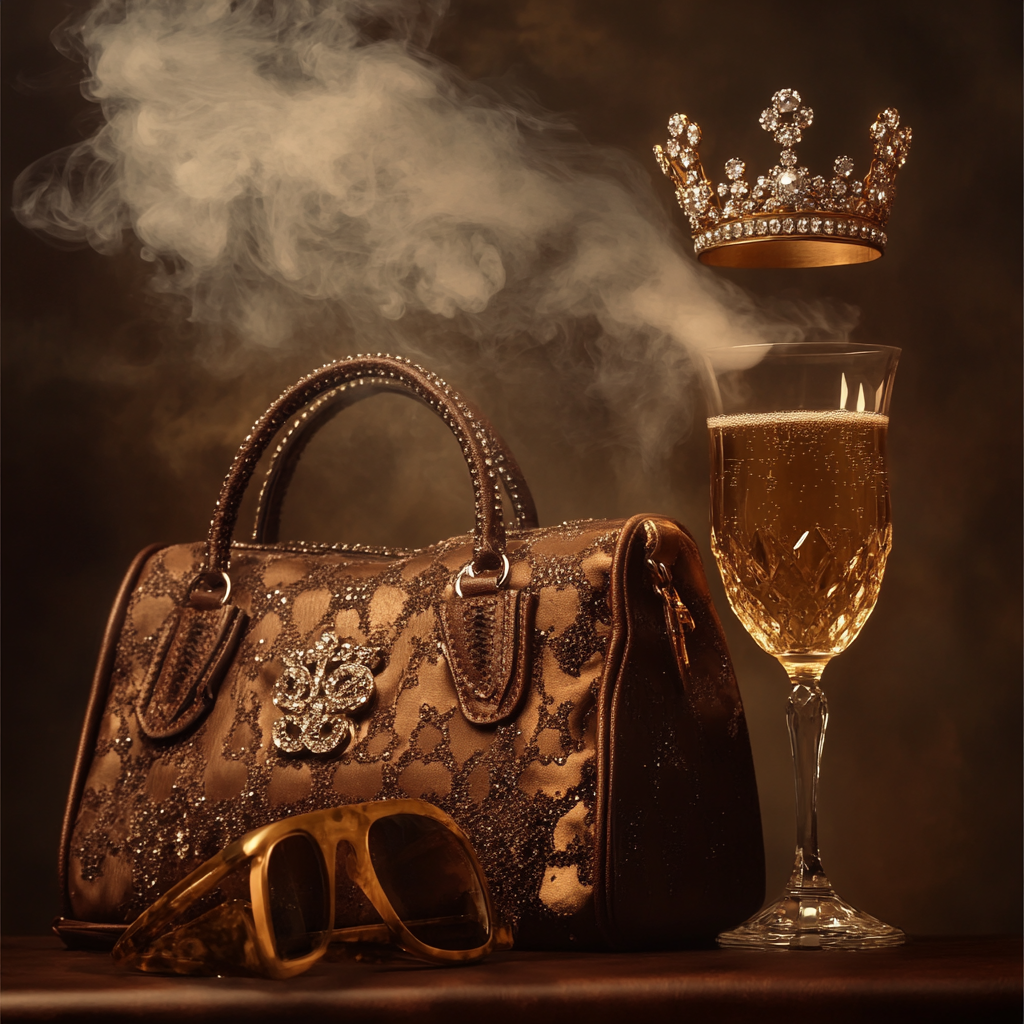 A vintage image of diamonds, gold crown, handbag, champagne.