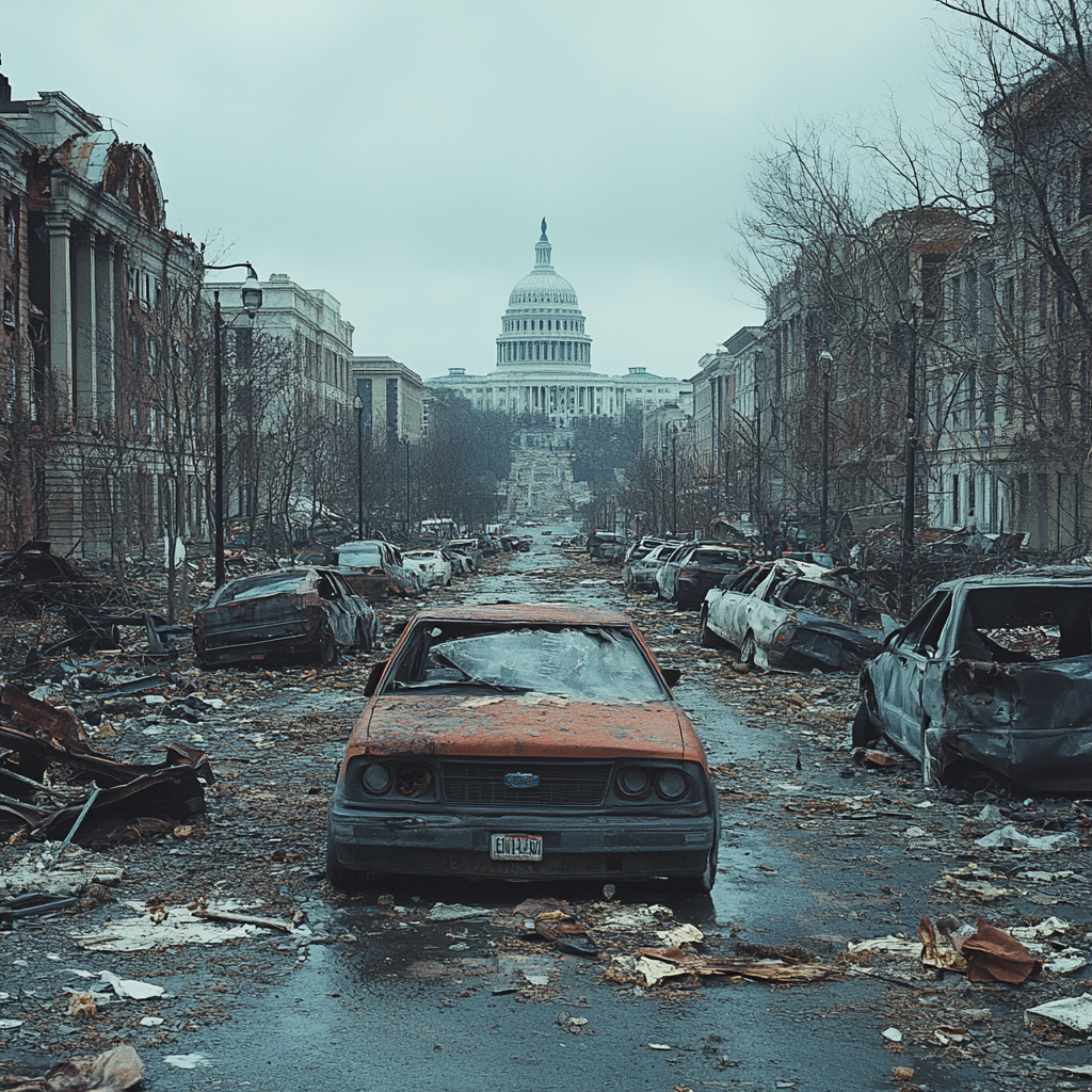 Abandoned D.C. streets in economic collapse, photorealistic Cinematic photography.