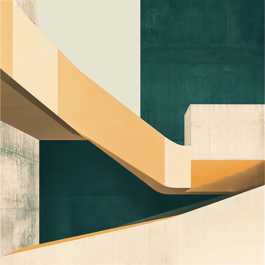 Abstract architectural design with warm ochre, teal, and beige.