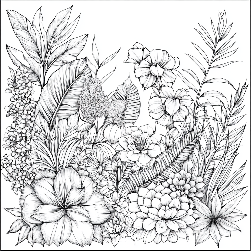 Adult coloring book with botanical theme, elegant with clean lines.