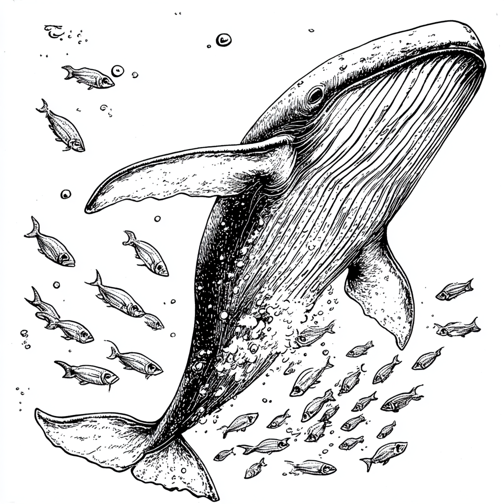 American animated film illustration of a baleen whale. Sea life.