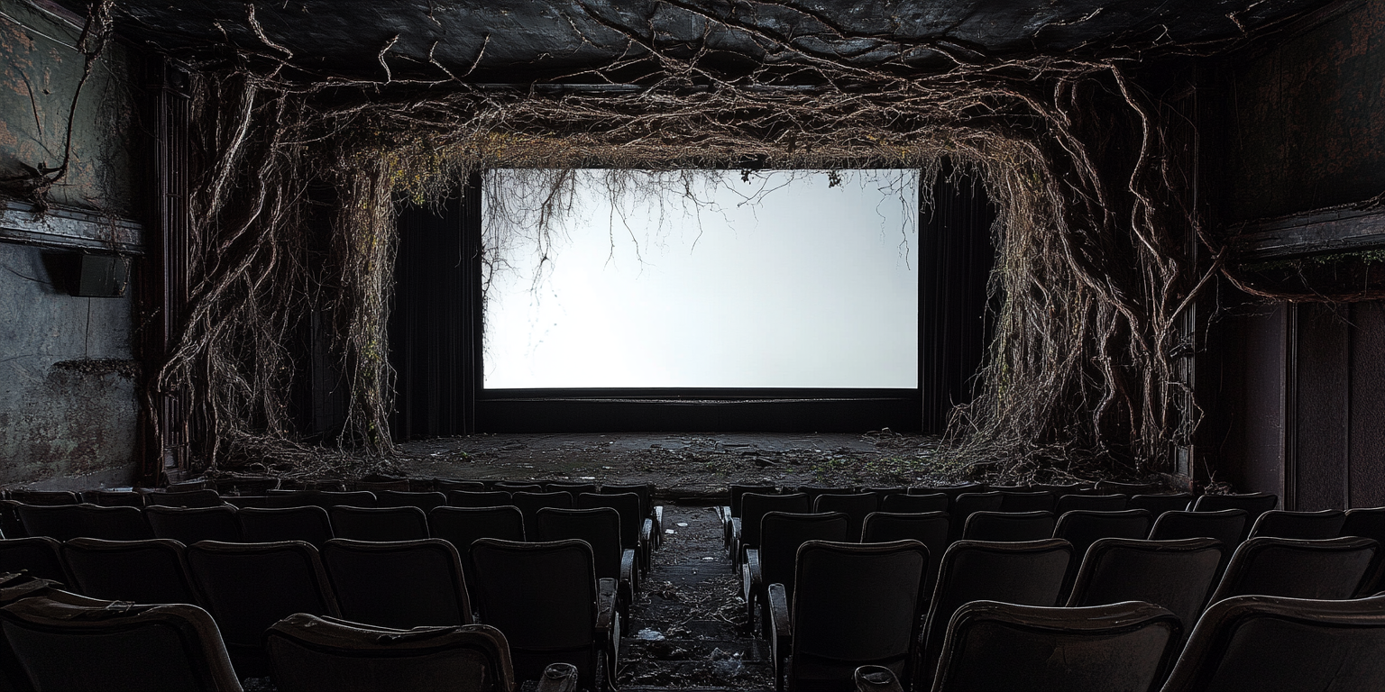 An old movie theatre screen with decaying seats.