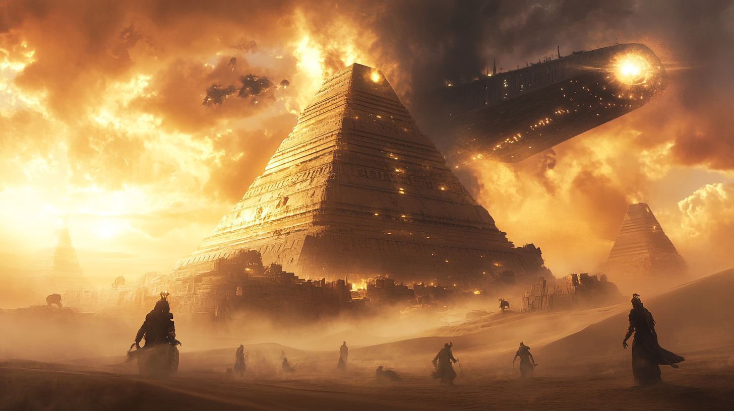 Ancient ziggurat, spaceship, storm clouds, glowing eyes, surreal landscape.