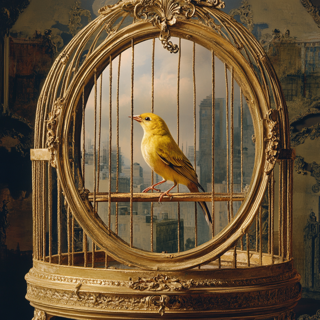 Antique birdcage with lifelike painting of bird about escape.