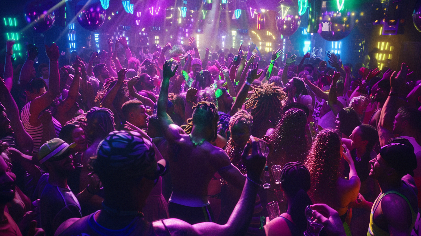 Athletes and politicians party under colorful nightclub lights, dancing.