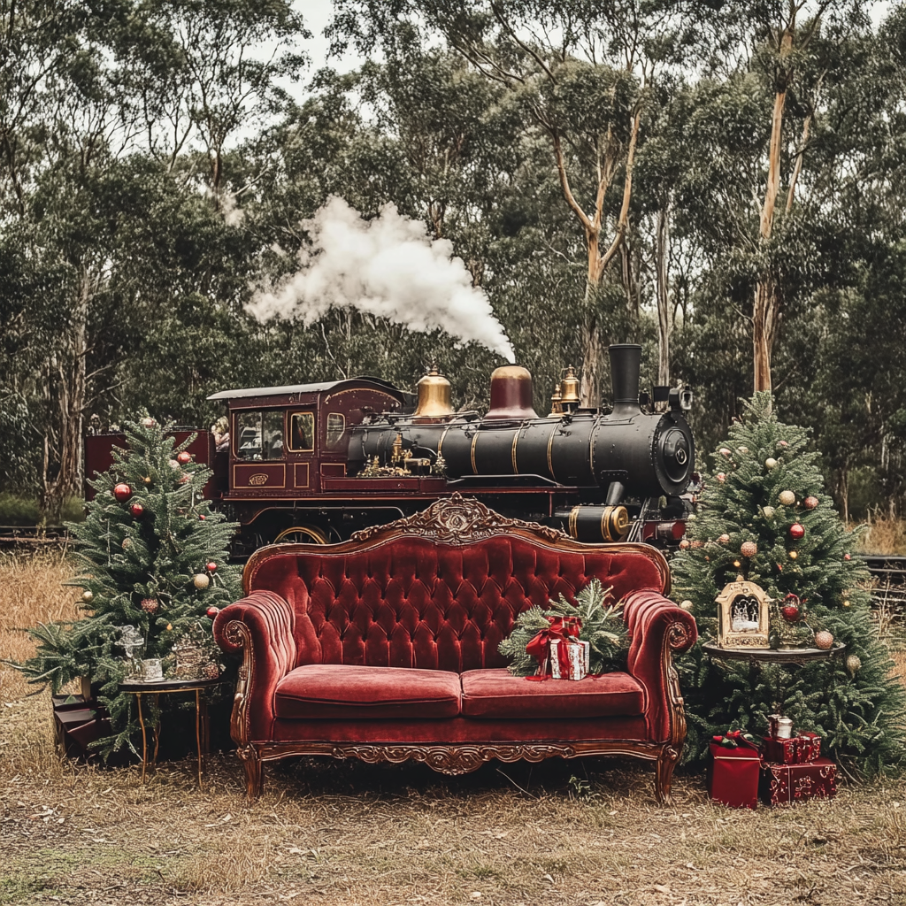 Australian bush Christmas scene with vintage steam train.