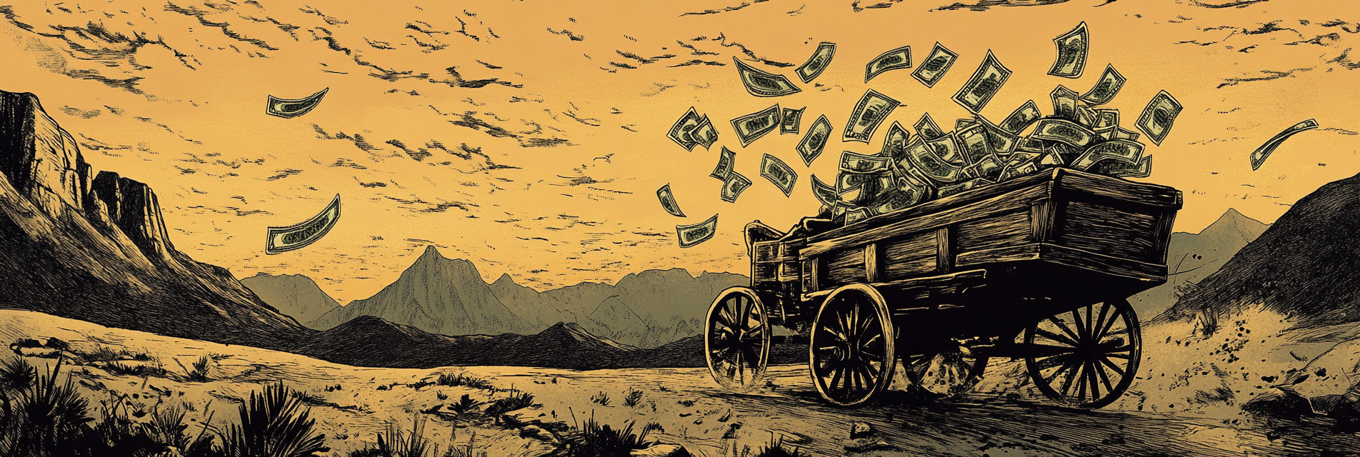 Bandits on wagon with cash, dollars flying behind.