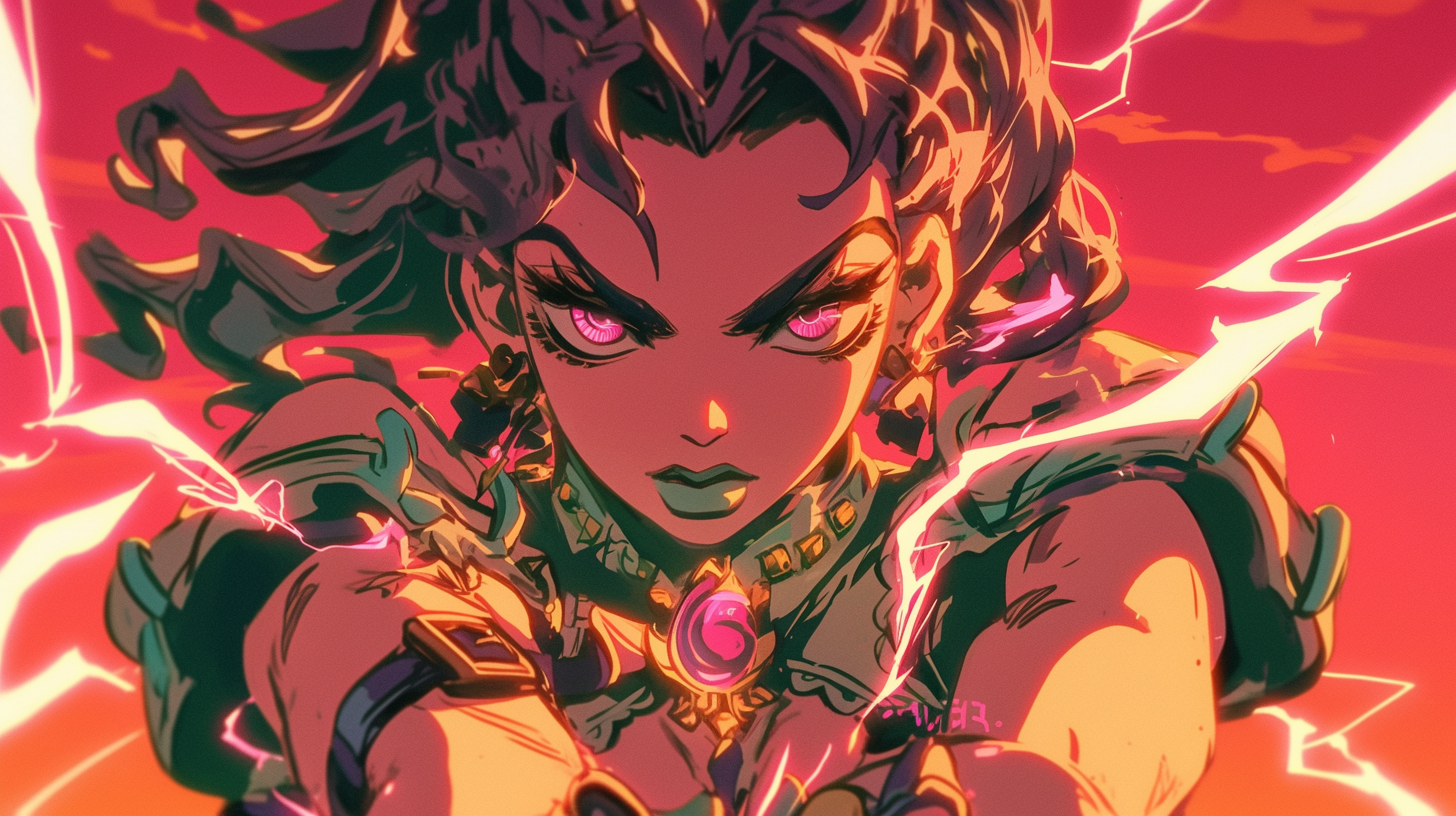 Barbara in Genshin Impact style with intense JoJo art.