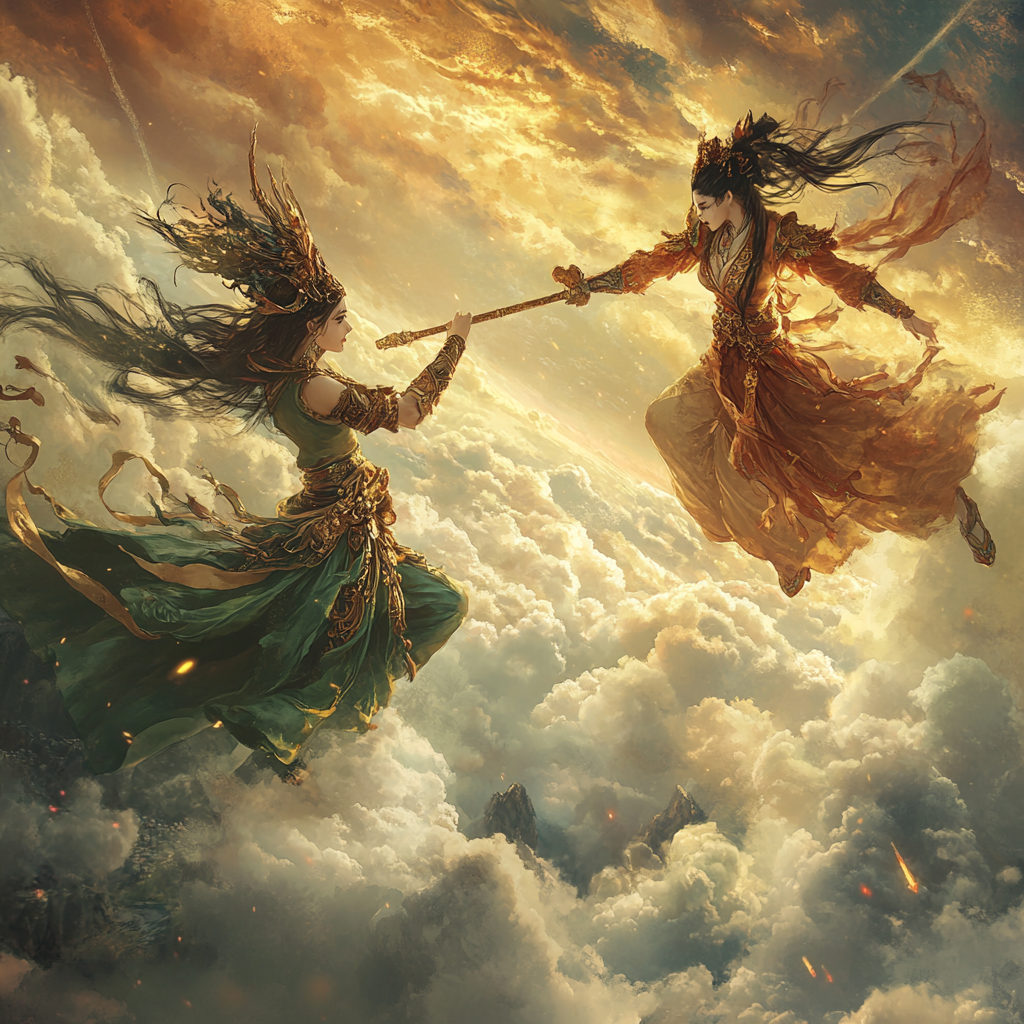 Battle between female Chinese gods in majestic cloud arena.