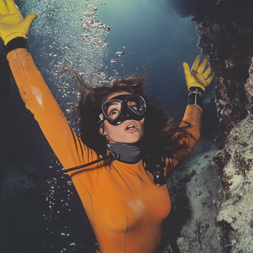 Beautiful brunette diver in sunken ship, reaching upwards gracefully.