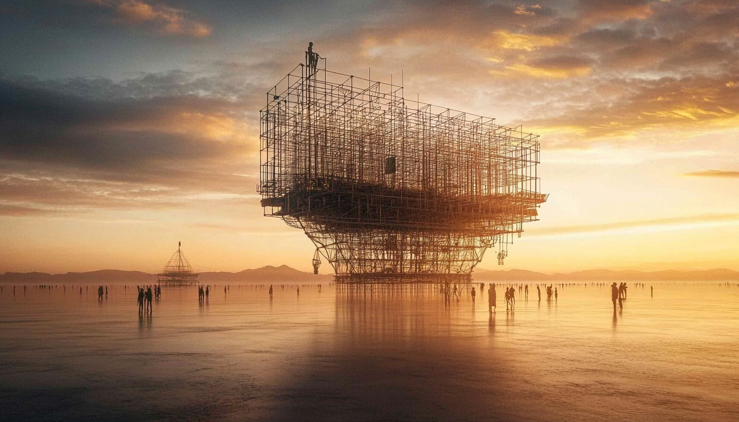 Beautifully detailed futuristic Burning Man art in surreal chaos.