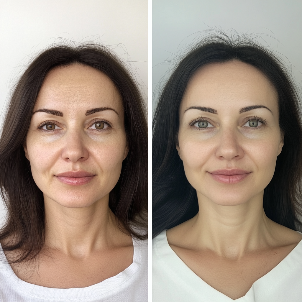 Before and after cosmetic procedure showing wrinkle removal.