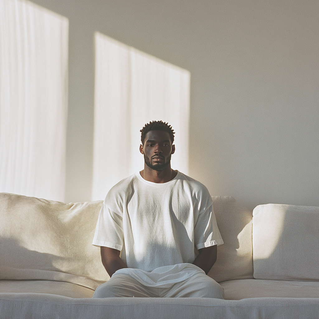 Black model man in white oversized tshirt, standing by sofa.