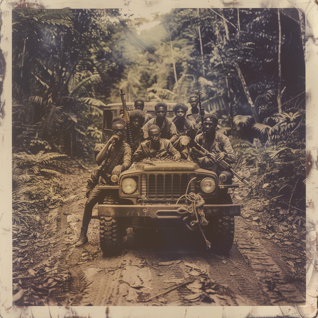 Black teens posing with rifles in jungle during war.