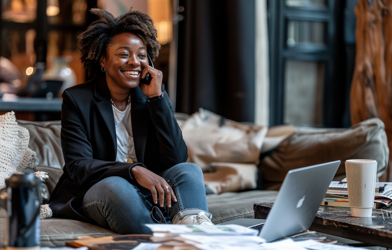 Black woman politician sits on couch, talks and smiles.