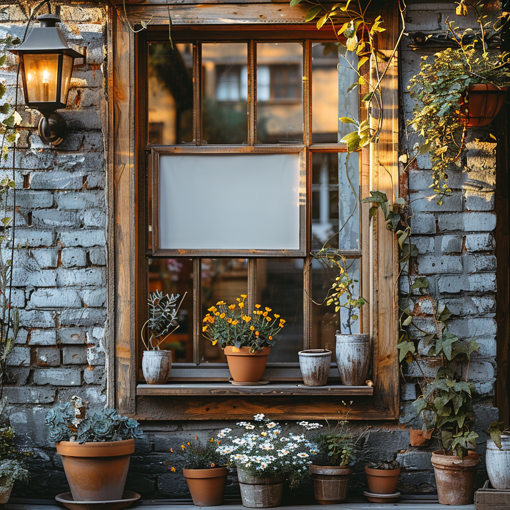 Blank real estate sign mockup on house window.