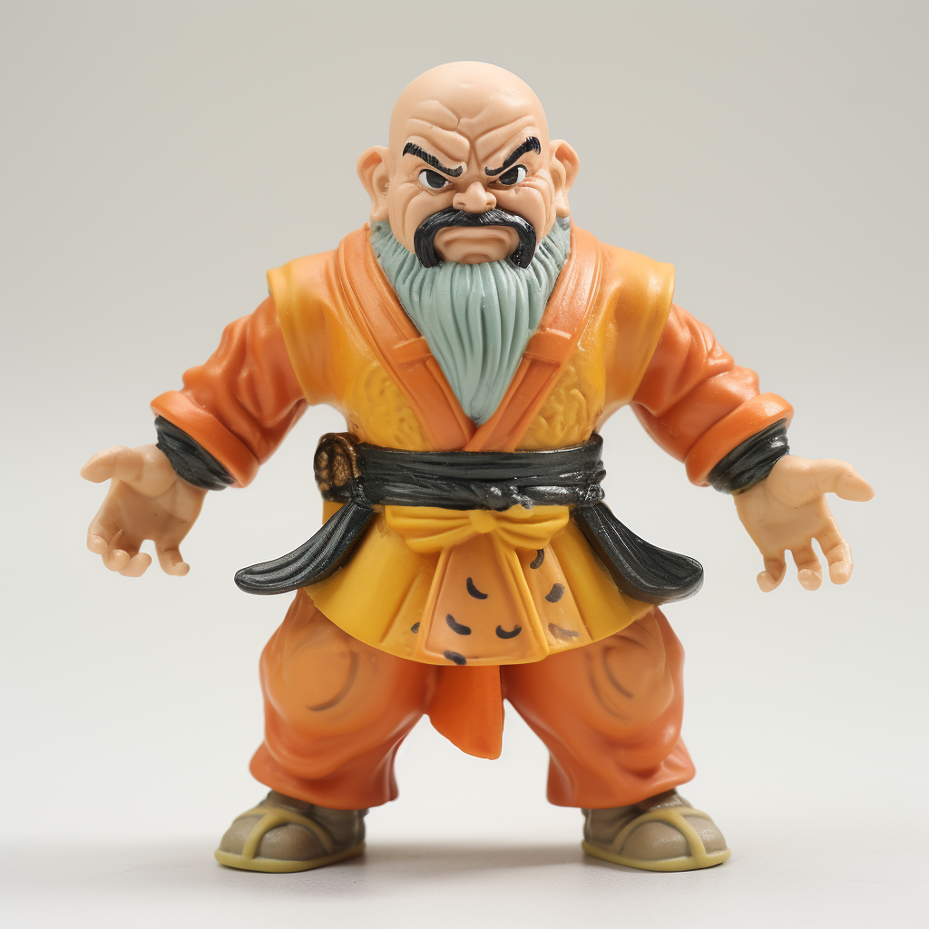 Bootleg dojo master toy, low detail, crude painting, action figure.