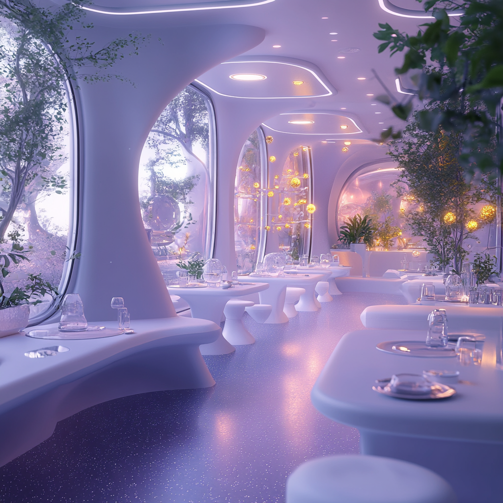 Bright space style restaurant interior with plants and bacteria.