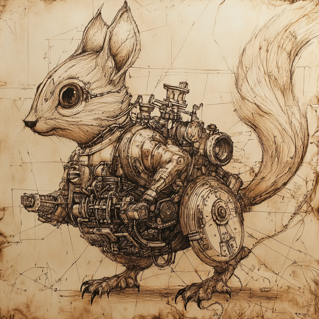 Brown mechanical woodland creature in da Vinci style drawing.