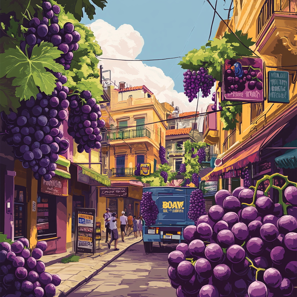 Busy Latin American city street with grape theme everywhere.