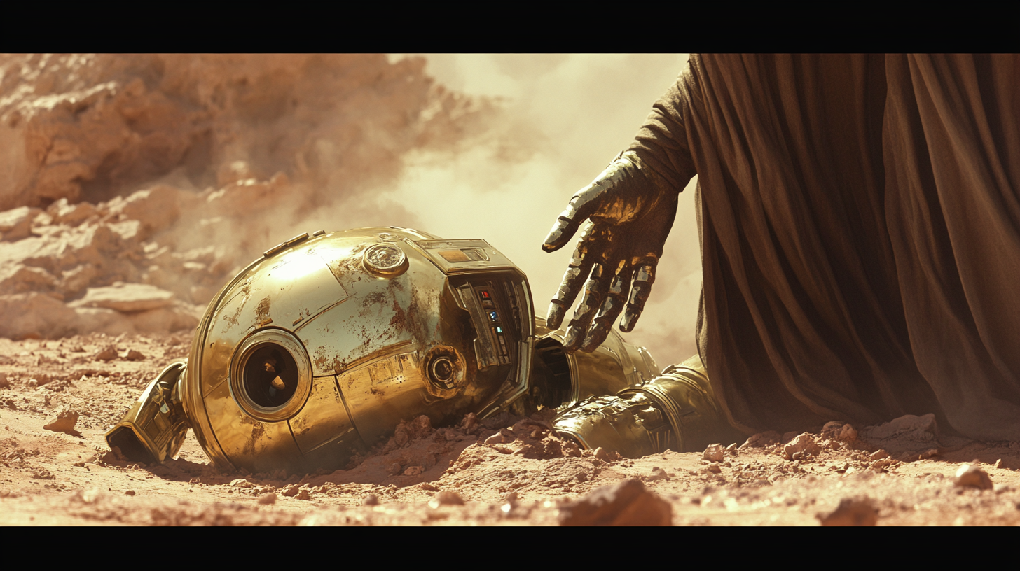 C3PO repaired by mysterious figure in desert landscape.