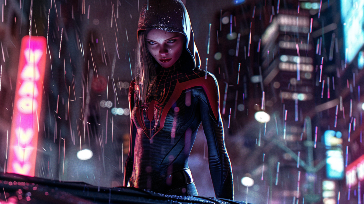 Calm Gwen Stacy in Spider-Gwen suit on rainy rooftop.