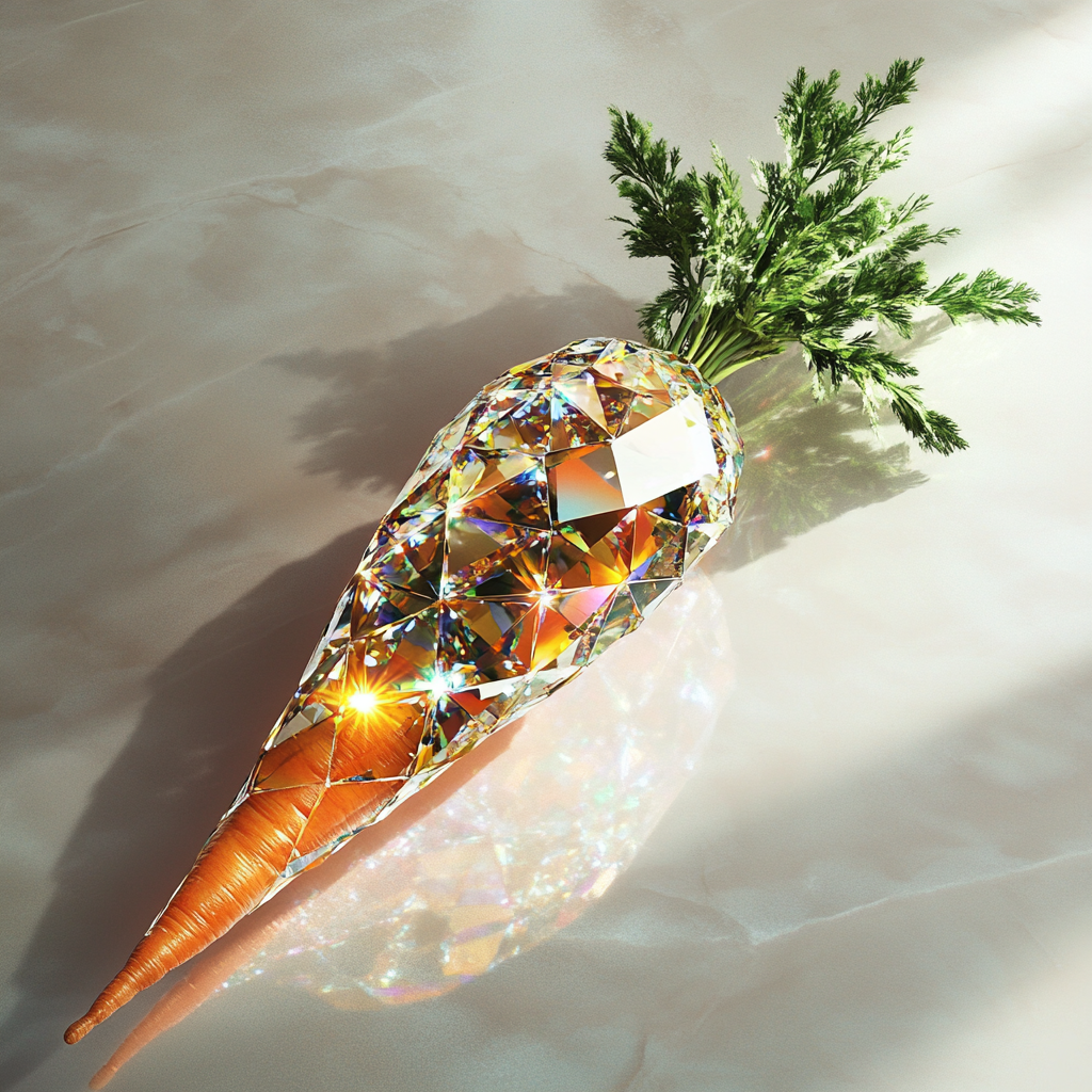 Carrot shape with diamond surface, rainbow hues, luxury nature.