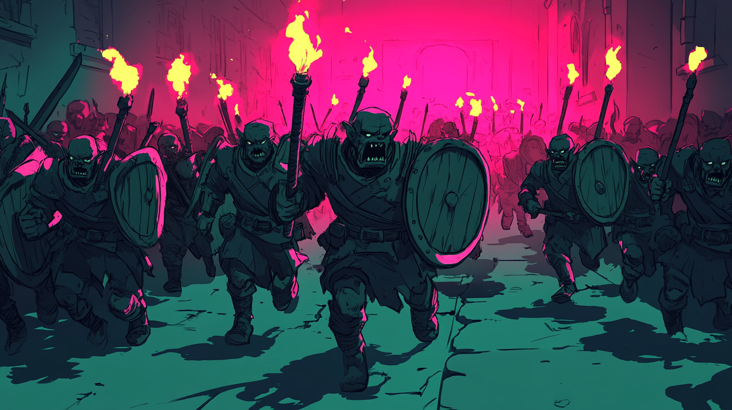 Cartoon Orc army charging with weapons and grenades.