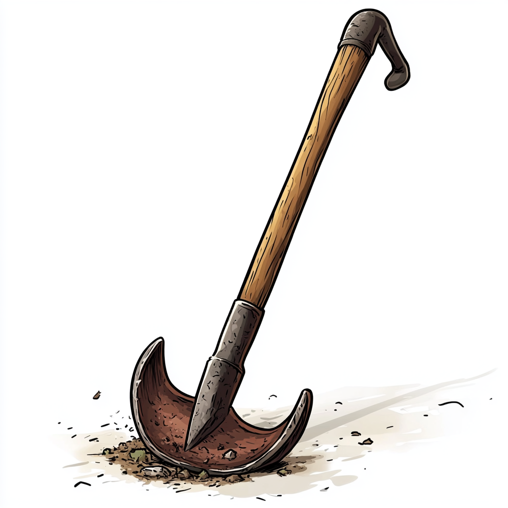 Cartoon image of small garden hoe with hook shape.