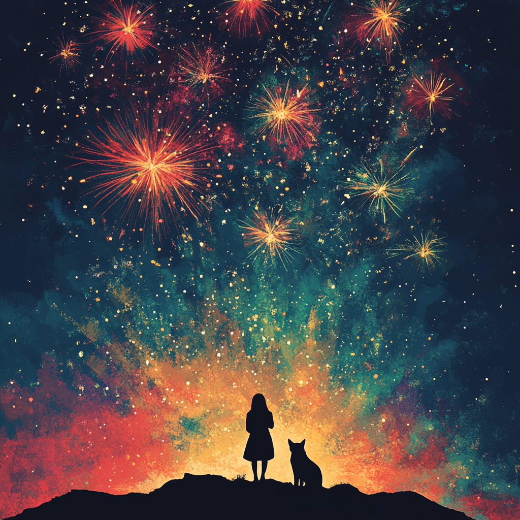 Cat and woman watching fireworks in the sky.