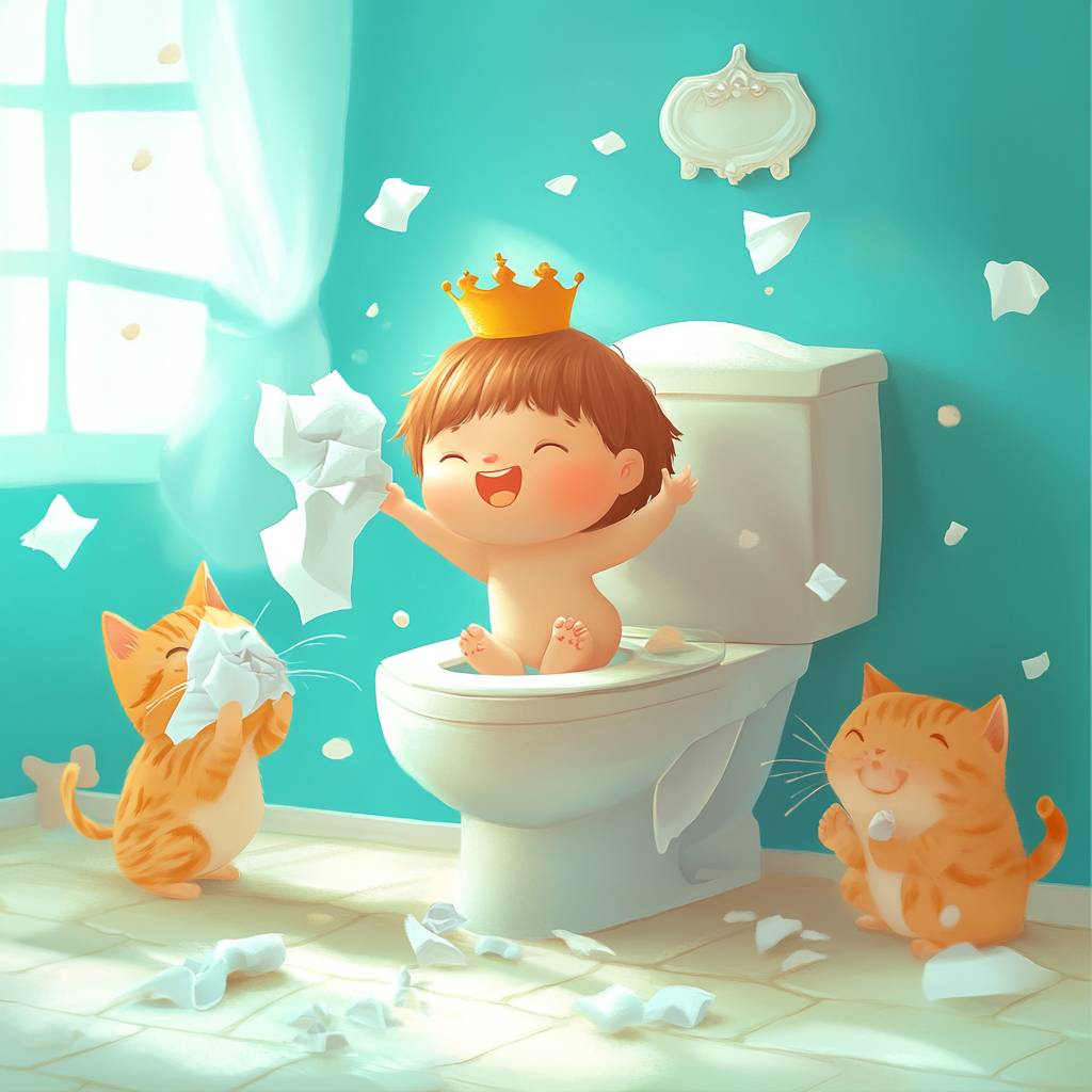 Cat queen throwing tissues into elegant toilet.