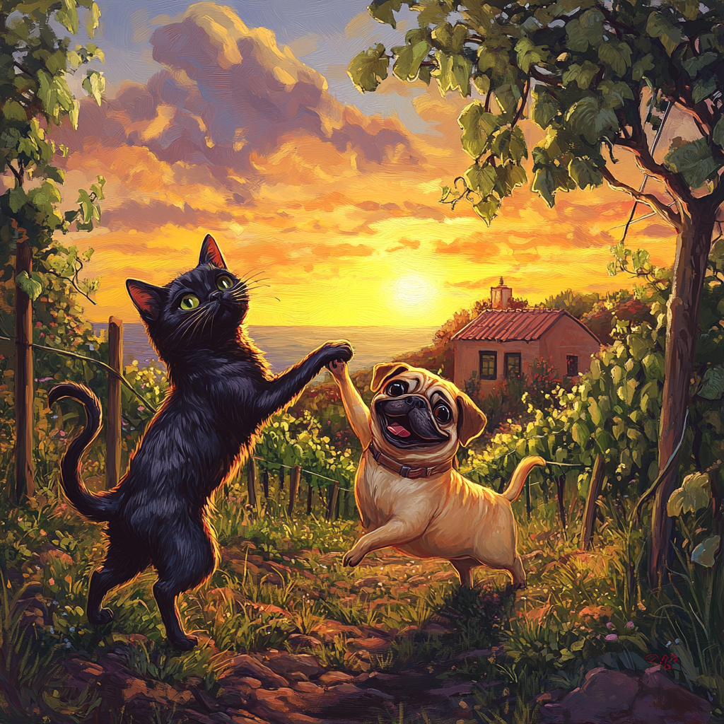 Cheerful Siamese cat and goofy Pug dancing in vineyard