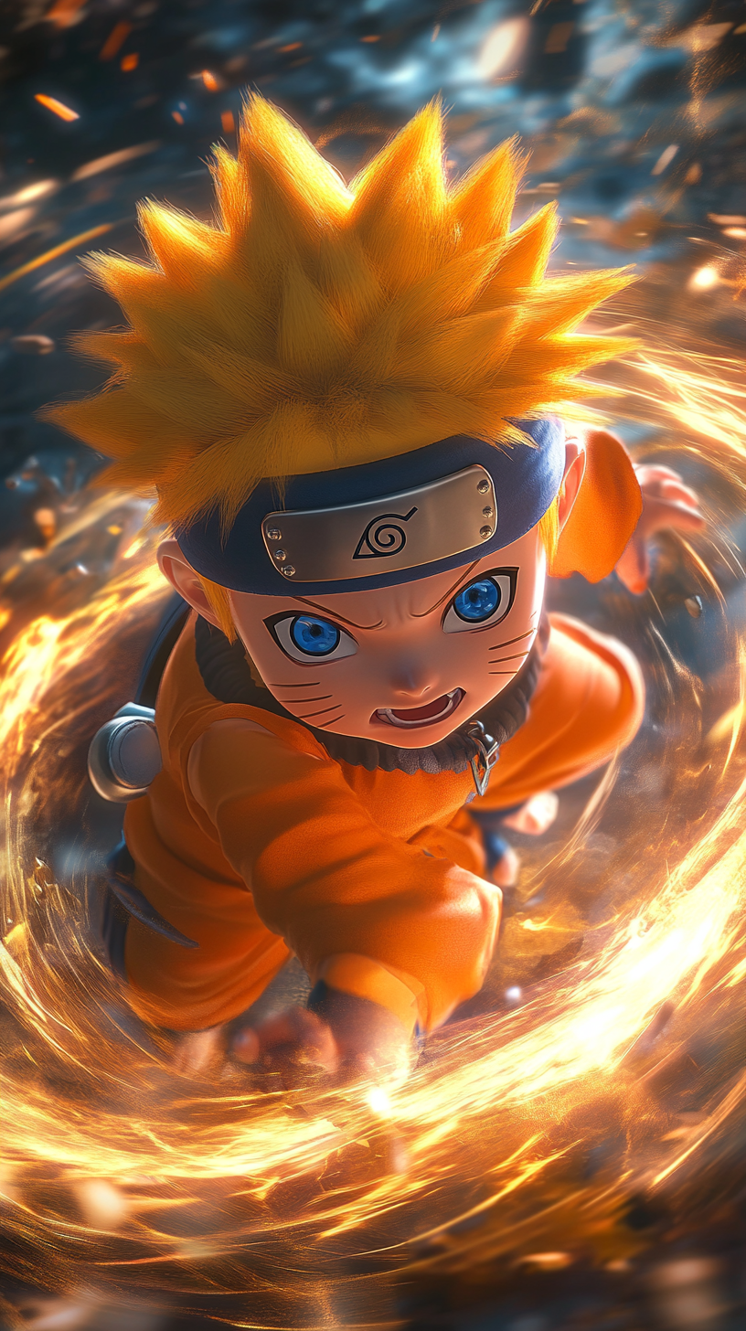 Chibi Naruto in intense battle with swirling chakra energy.