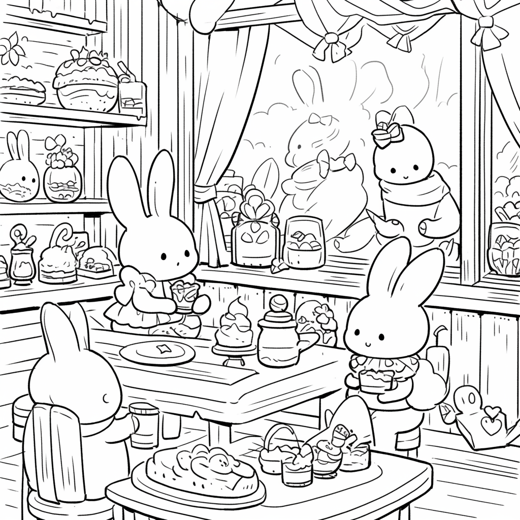 Chibi bunnies working in magical coffee shop.