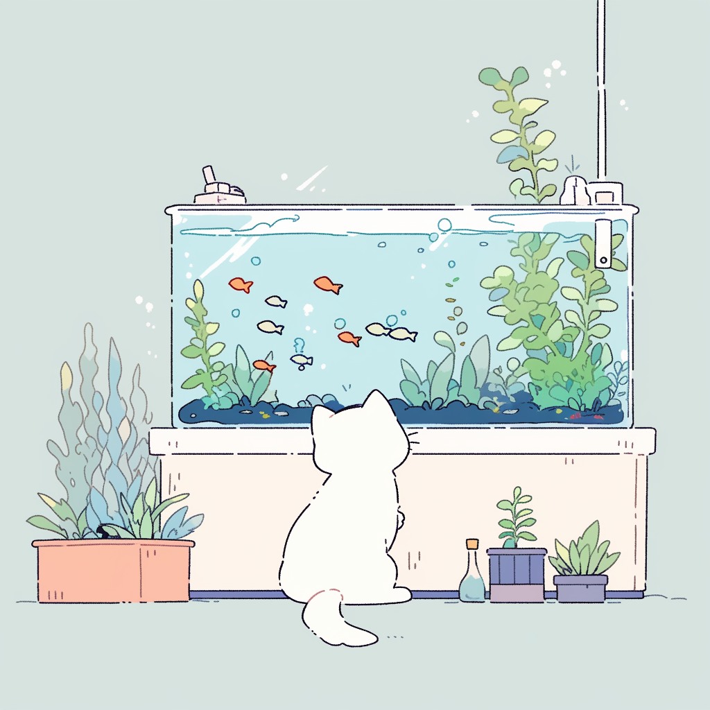 Chibi calico cat watching fish, cozy studio Ghibli style.