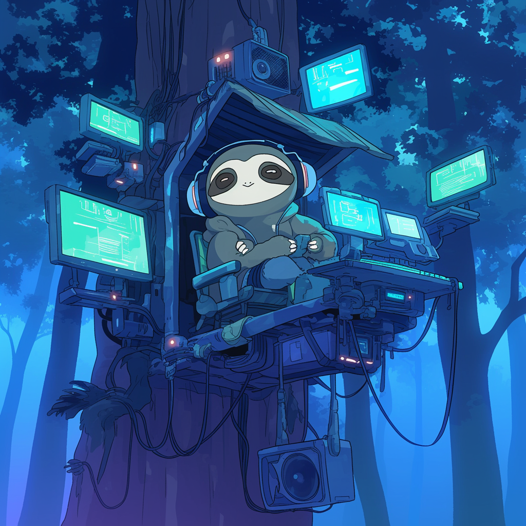 Chibi sloth in hoodie and headphones hacking in treehouse.