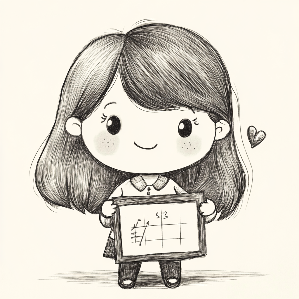 Chibi-style math teacher with shoulder-length hair holding blackboard.