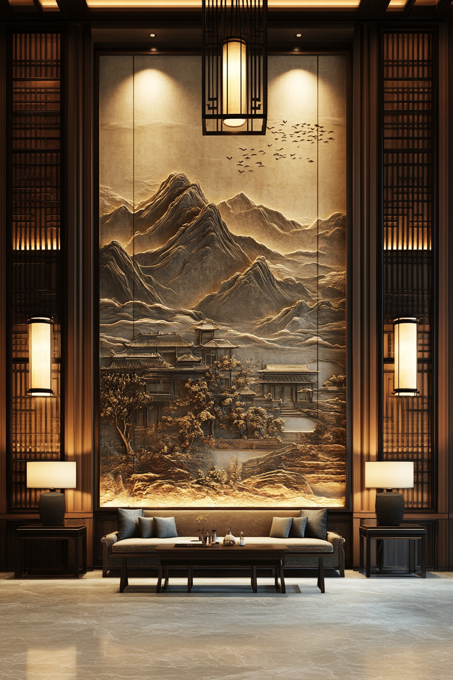 Chinese landscape relief dominates hotel lobby wall decoration.