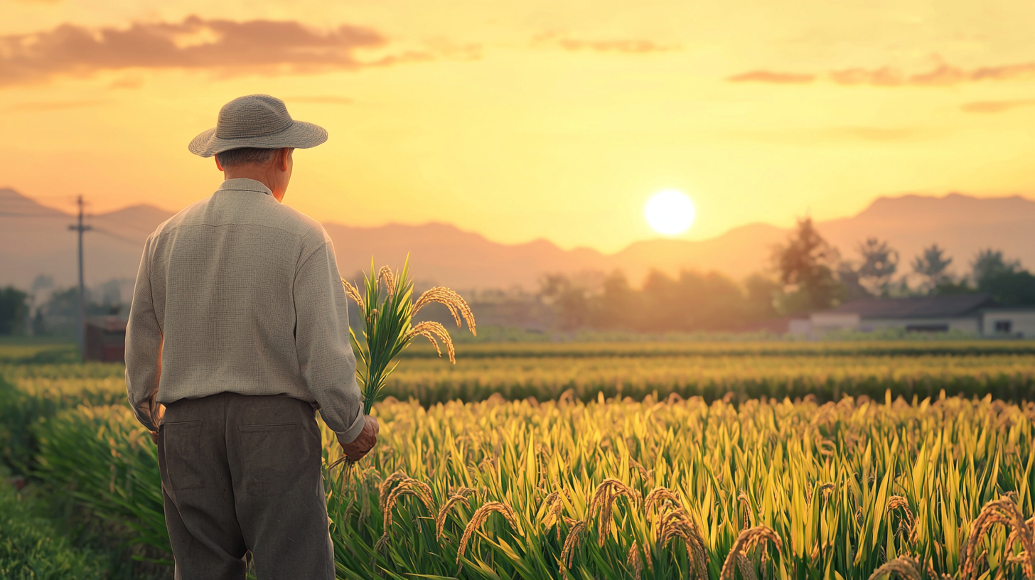 Chinese scientist in rice field at sunset holding plants.