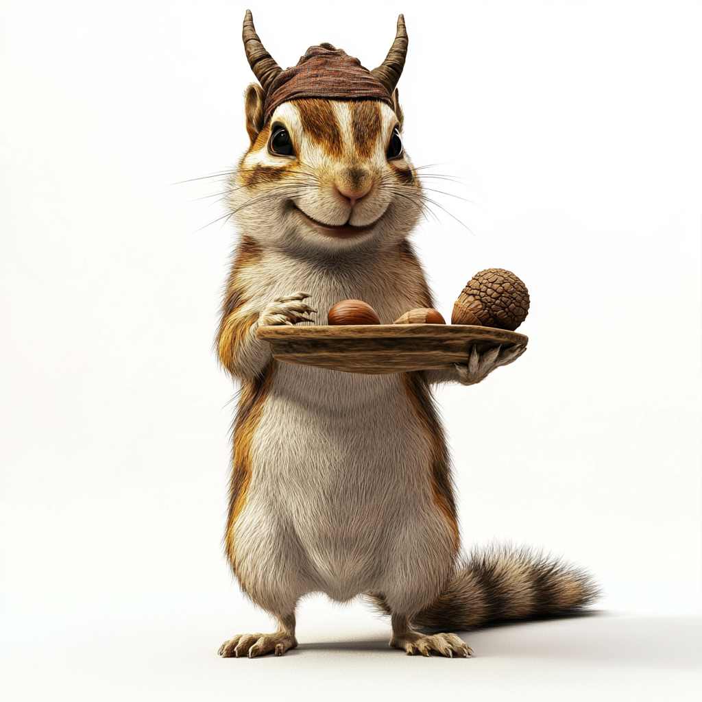 Chipmunk wearing Hennin holds acorn on wood tray