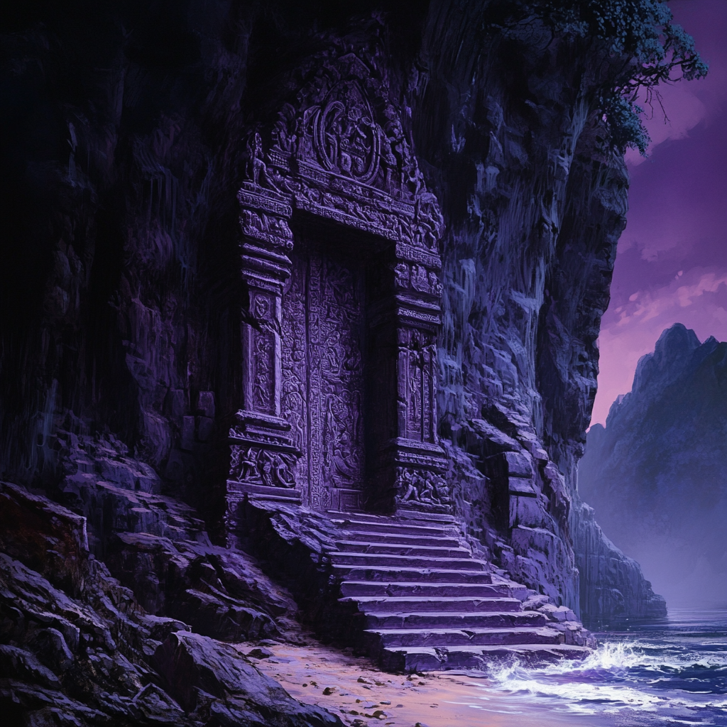 Closed stone door to temple with glowing purple light.