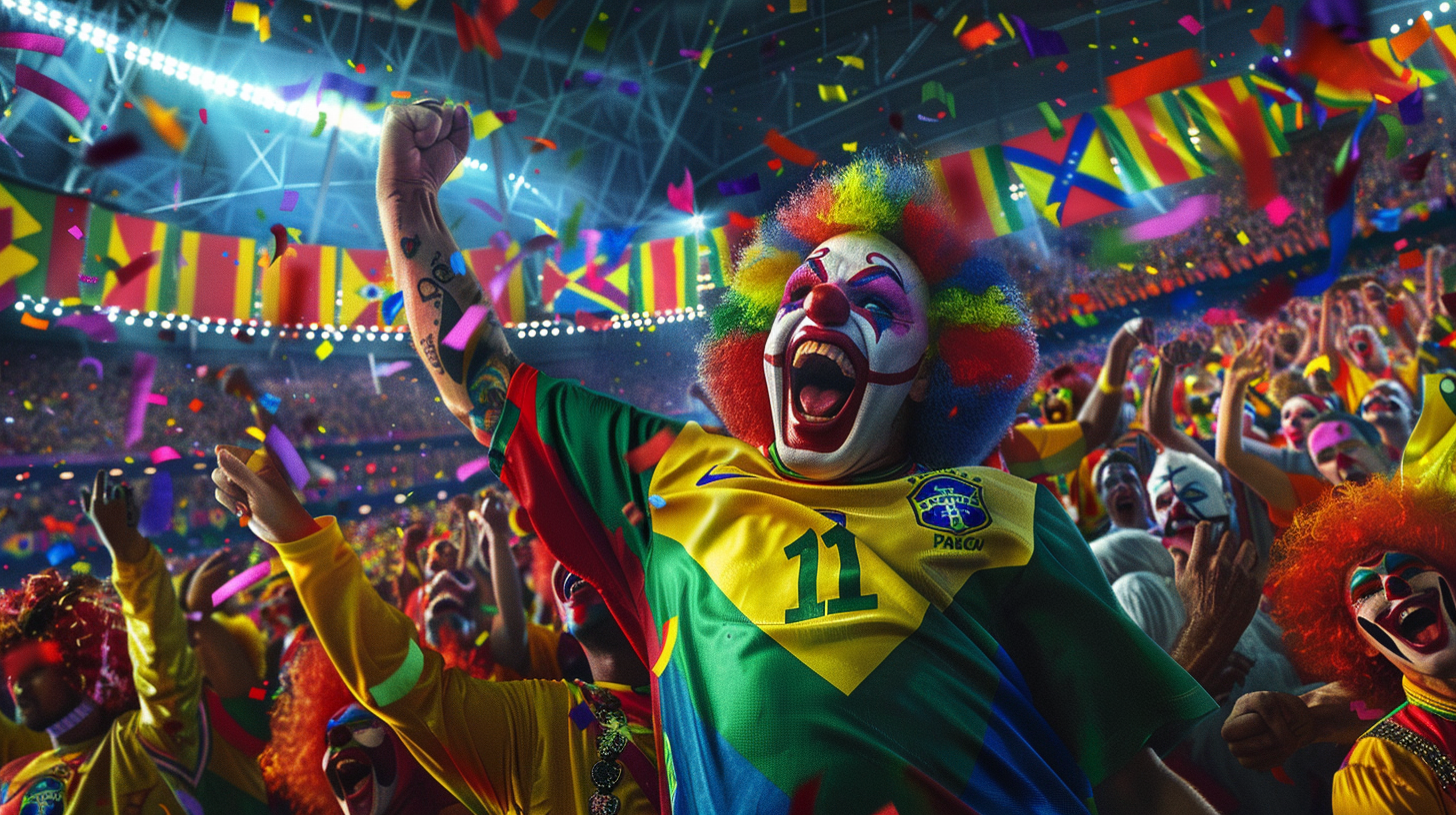 Clowns in Brazil jerseys celebrate in packed stadium.