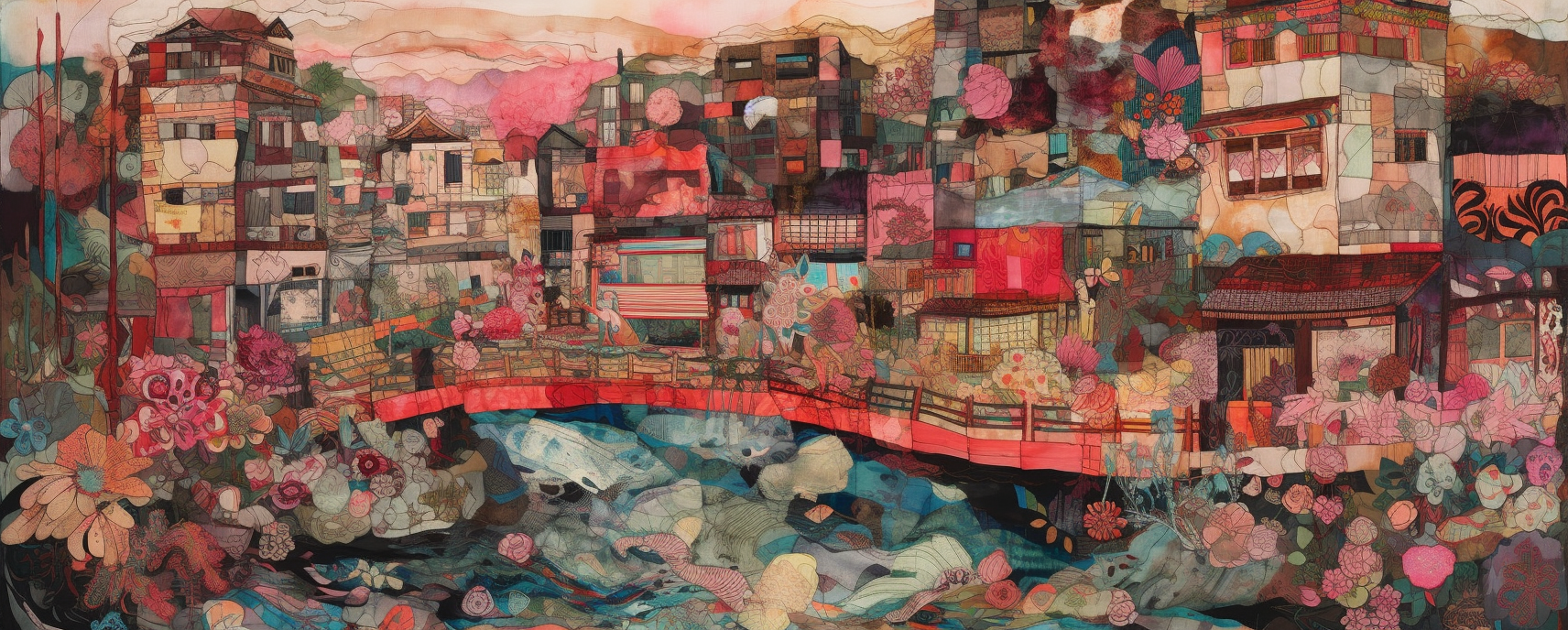 Collage of fabric and paper in urban landscape.