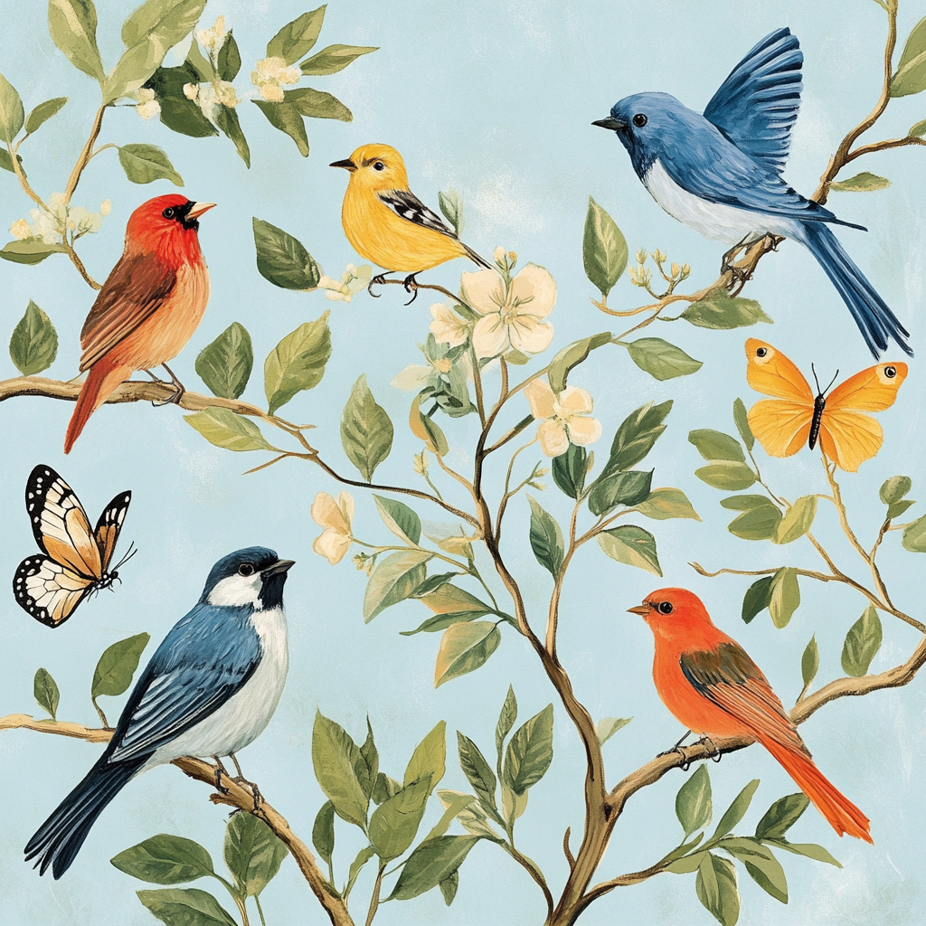 Colorful birds and butterflies among detailed leaves with blue sky.